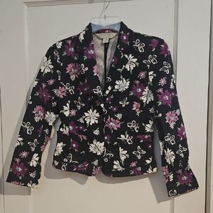 Casual Corner Black Floral Cropped Blazer - Purple & White - Size 0 Petite